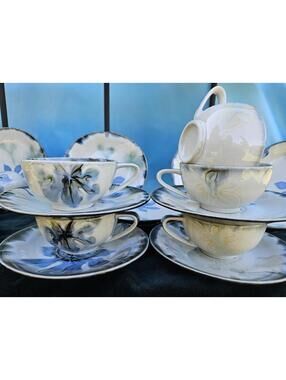 Japanese Watercolor-Style Teacups & Saucers Set of 5  Hand-Painted 1970s–1990s